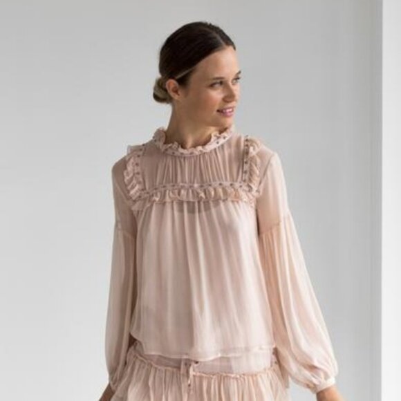 Flannel Utopia Blush Ruffled Long Sleeve Silk Blouse - Picture 1 of 10